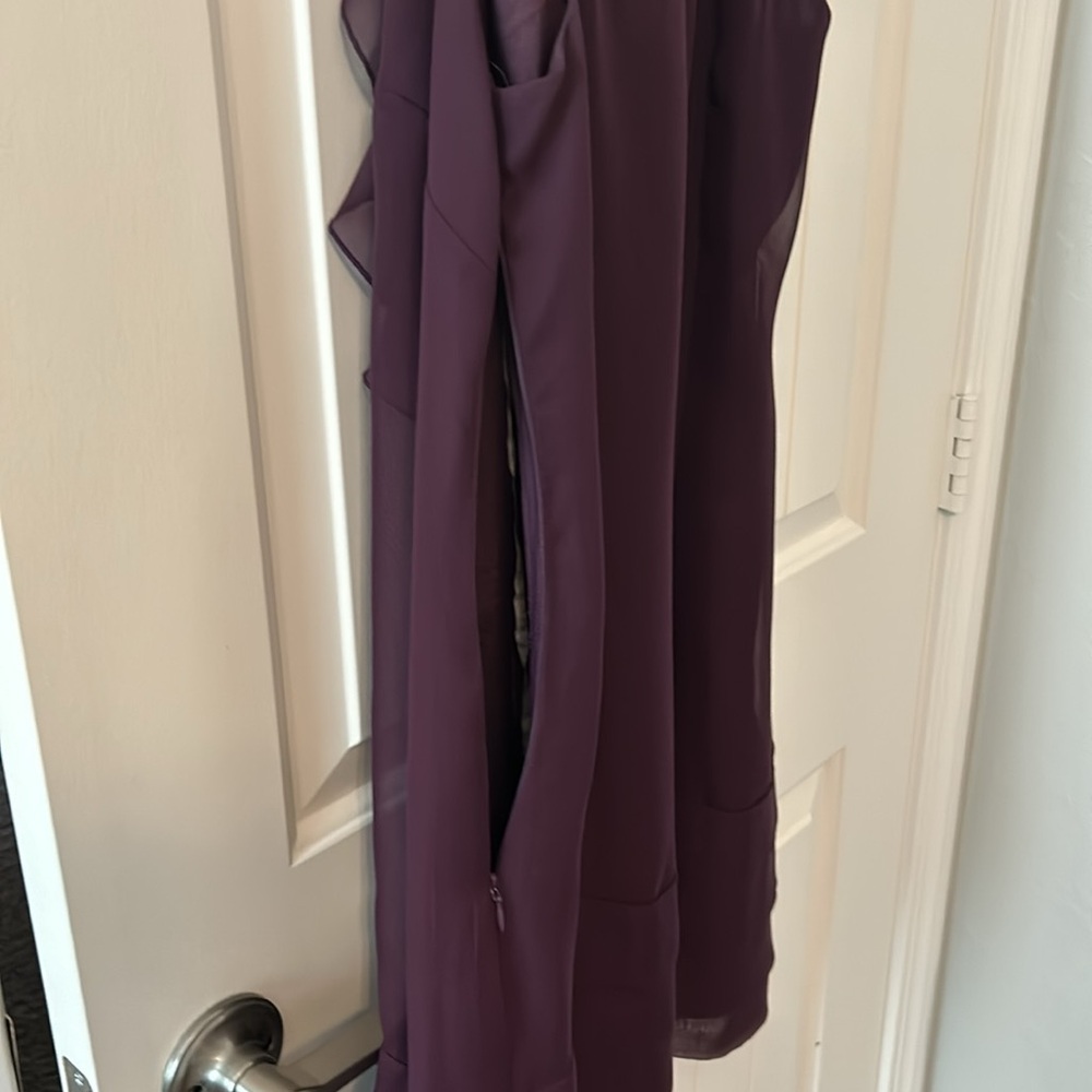 Women deep purple front ruffled dress w/bottom pleats. - Picture 6 of 8